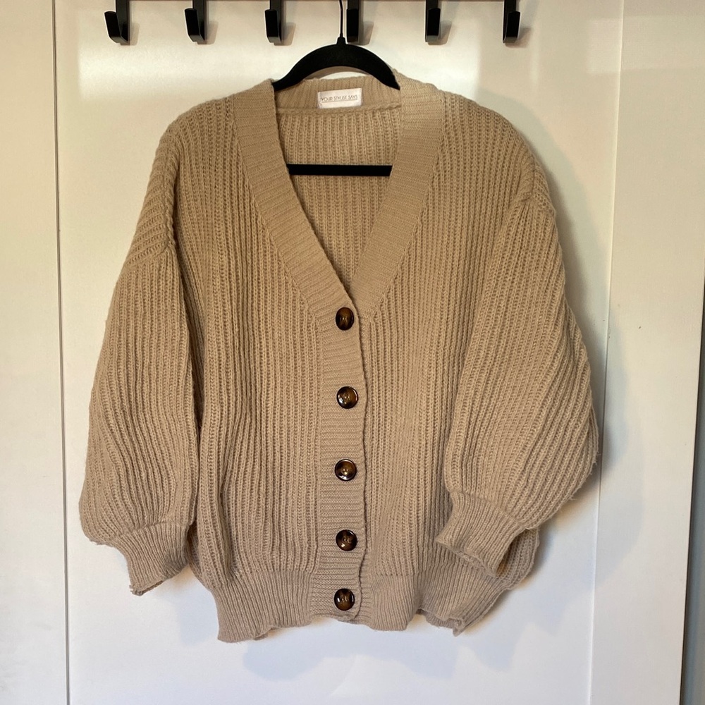 Neutral Beige Chunky Ribbed Button-Up Cardigan